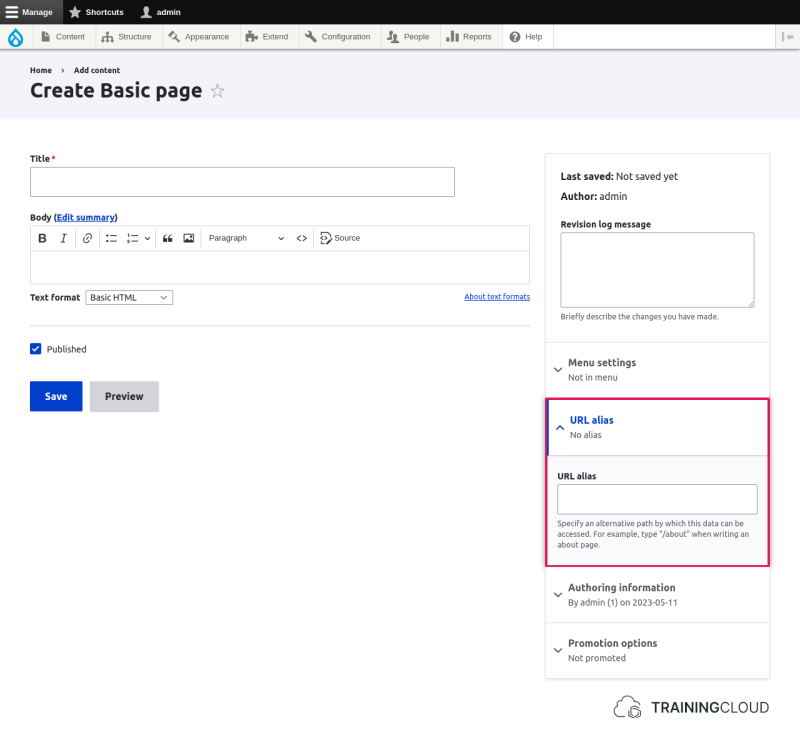 Node edit form with path settings highlighted.