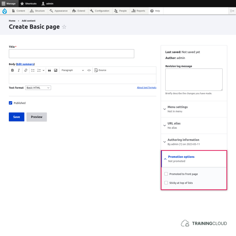 Node edit form with promotion settings highlighted.
