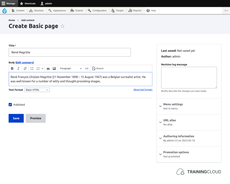 Node edit form with title and  body field filled in