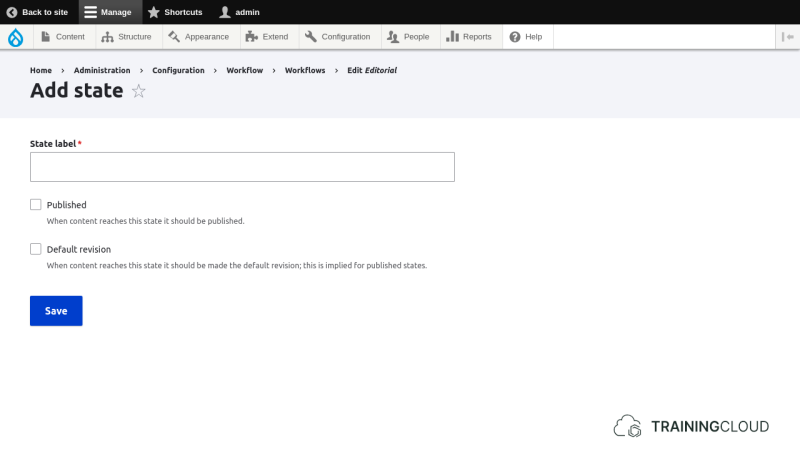 A screenshot of the Drupal 10 configuration settings for adding a new workflow state.