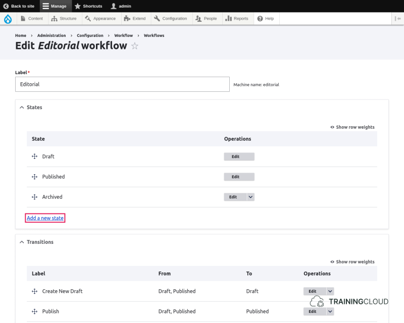 A screenshot of the Drupal 10 editorial workflow configuration settings, hightlighting the "add new state" option