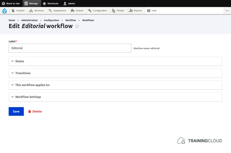 A screenshot of the Drupal 10 editorial Workflows options