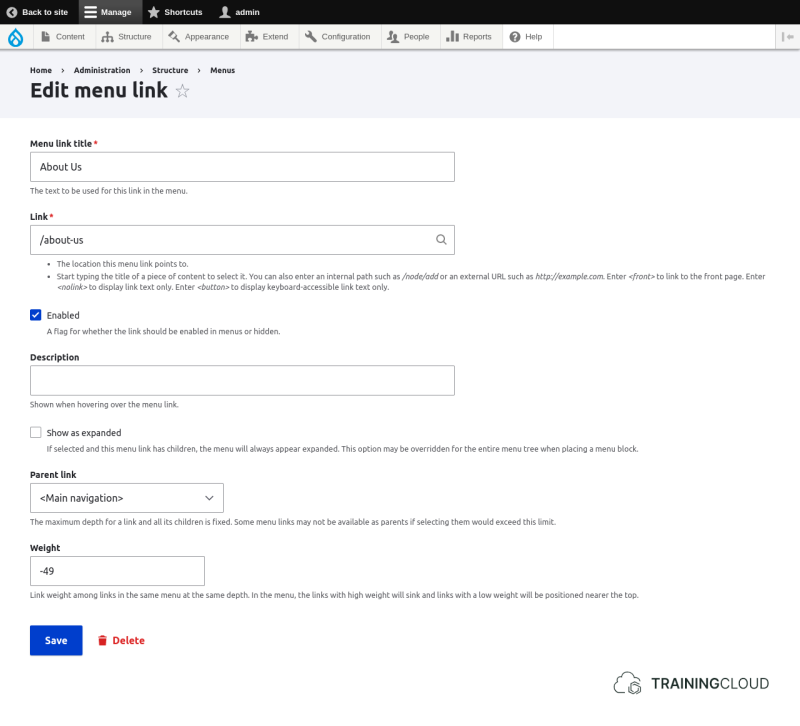 A screenshot of the the options for editing a menu link in Drupal 10.