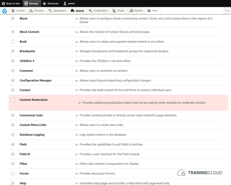 A screenshot of Drupal 10 modules with Content Moderation module highlighted