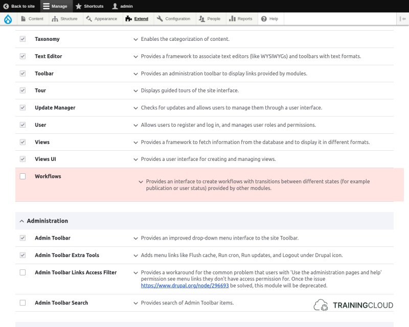 Screenshot of Drupal 10 modules with Workflows module highlighted
