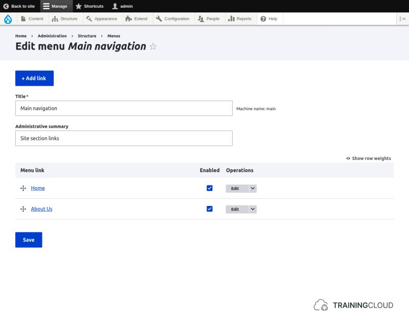 A screenshot of the Drupal 10 "Main Navigation" menu options