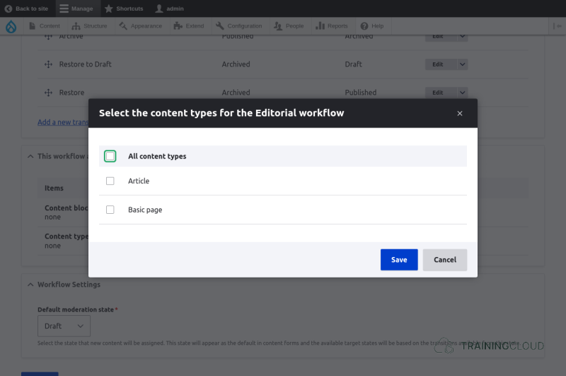 A screenshot of the Drupal 10 editorial workflows content seleciton modal.