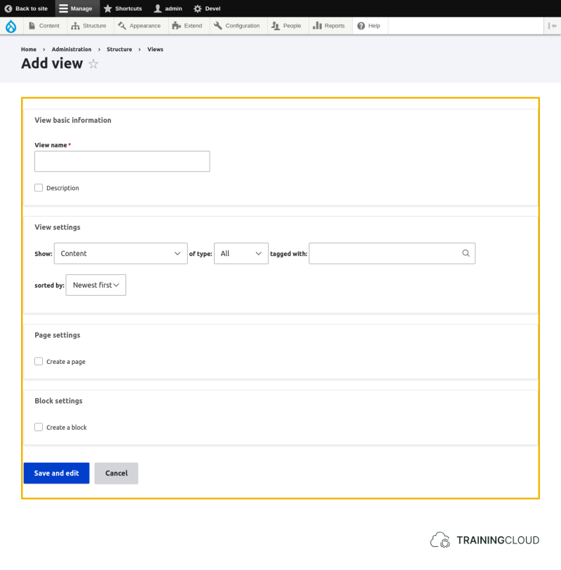 A screenshot of the Drupal 10 add new view page with the view settings highlighted