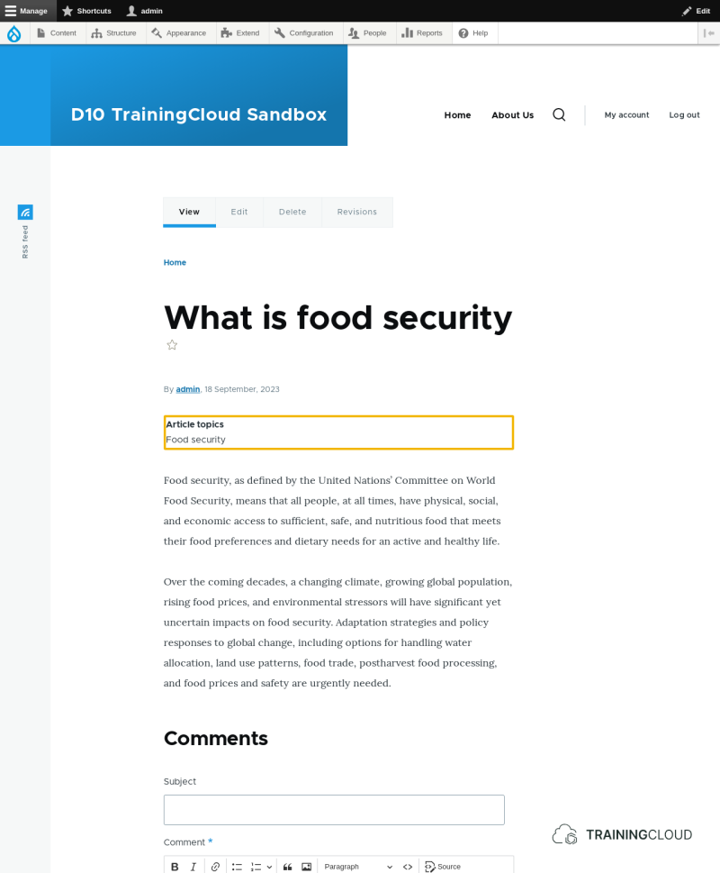 A screenshot of a Drupal 10 article with a taxonomy reference field moved to the top and highlighted
