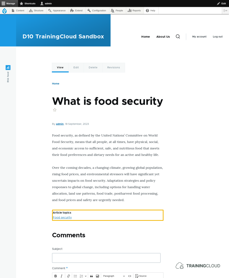 A screenshot of a Drupal 10 article with a highlighted taxonomy reference