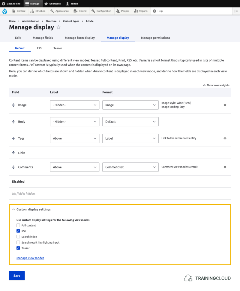 A screenshot of the Drupal 10 articles manage display page with the "Custom display settings" highlighted.