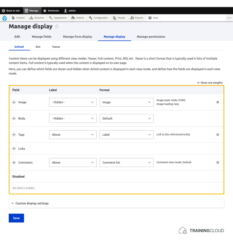 A screenshot of the Drupal 10 article manage display page with the options highlighted.