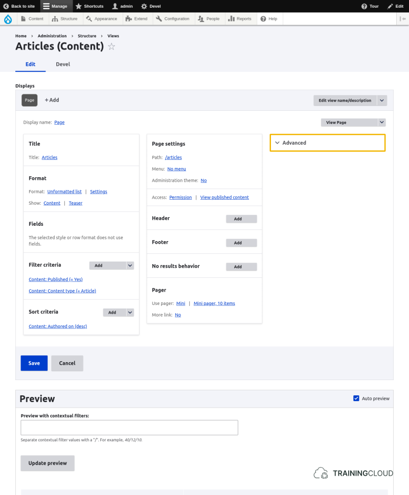 A screenshot of a Drupal 10 content view configuration page with the Advanced options highlighted.