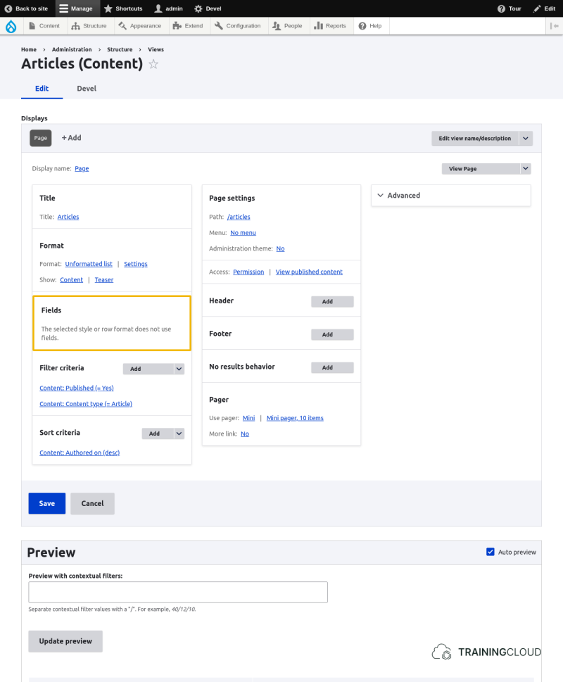 A screenshot of a Drupal 10 content view configuration page with the fields options highlighted.
