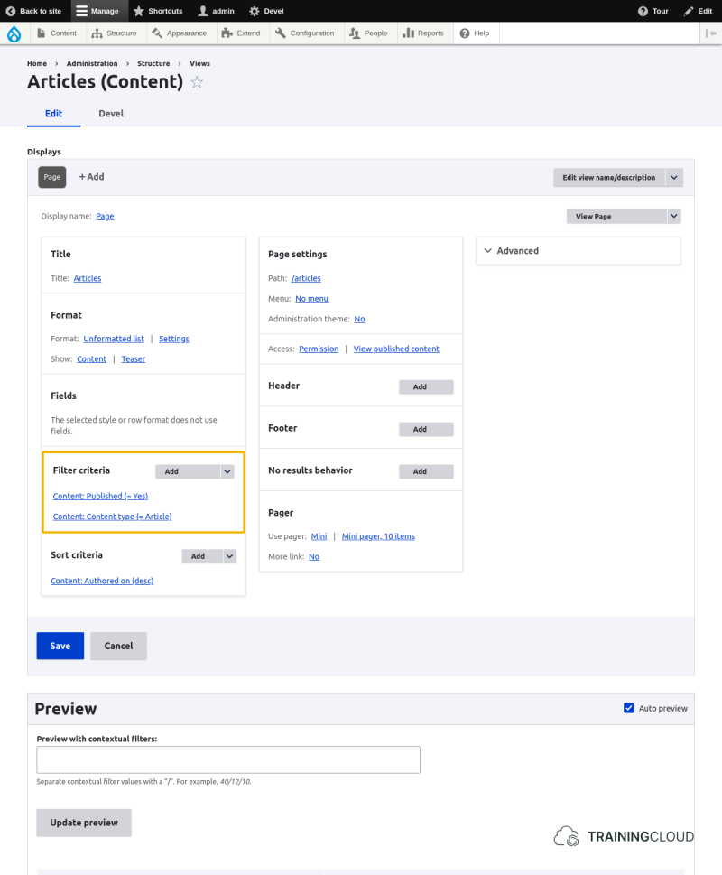 A screenshot of a Drupal 10 content view configuration page with the filter criteria highlighted.