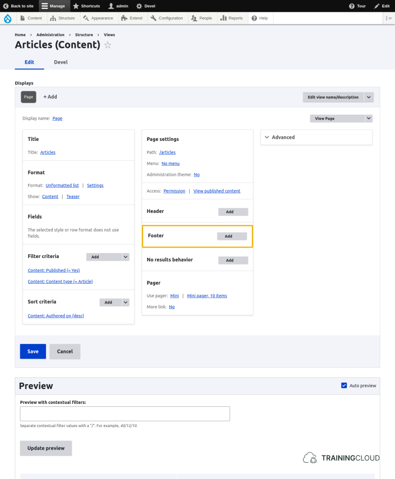 A screenshot of a Drupal 10 content view configuration page with the footer options highlighted.