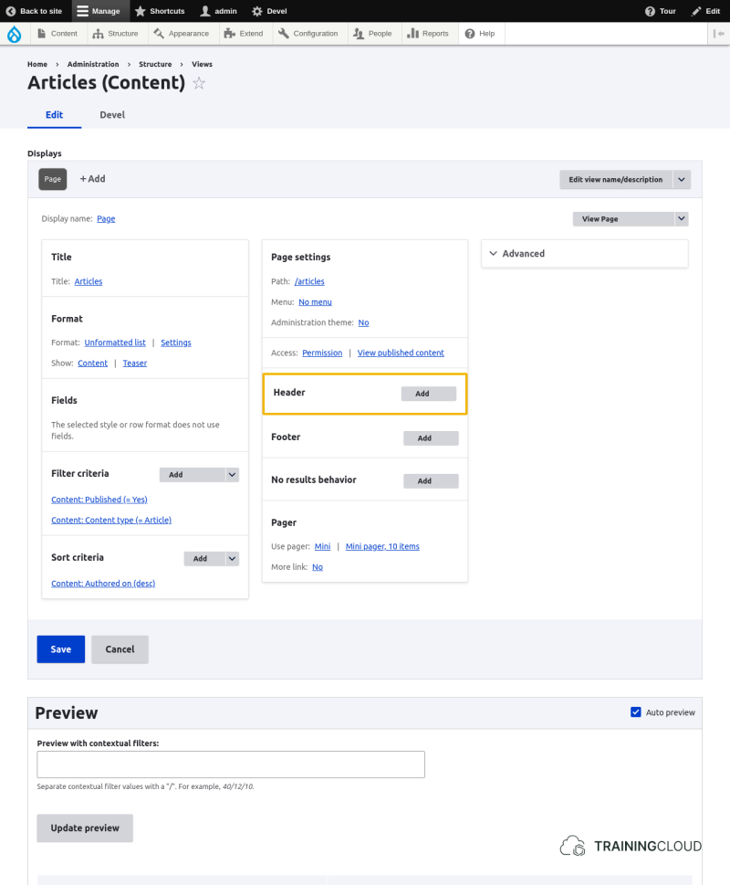 A screenshot of a Drupal 10 content view configuration page with the header options highlighted.