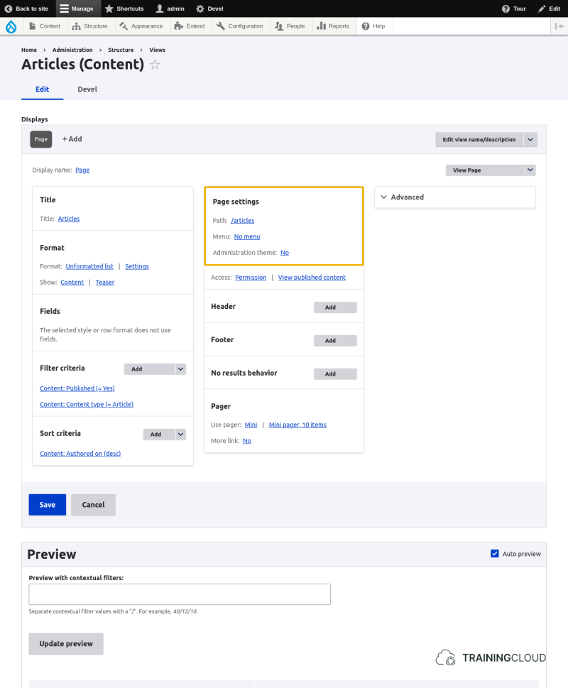 A screenshot of a Drupal 10 content view configuration page with the page settings options highlighted.