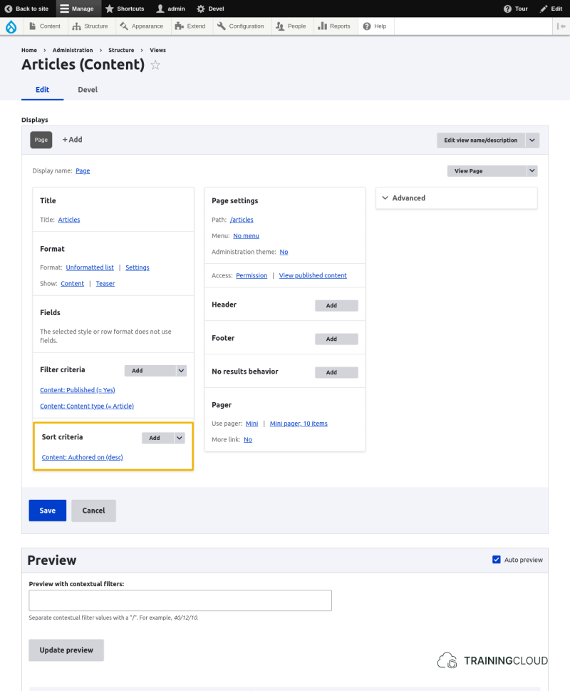 A screenshot of a Drupal 10 content view configuration page with the sort criteria options highlighted.