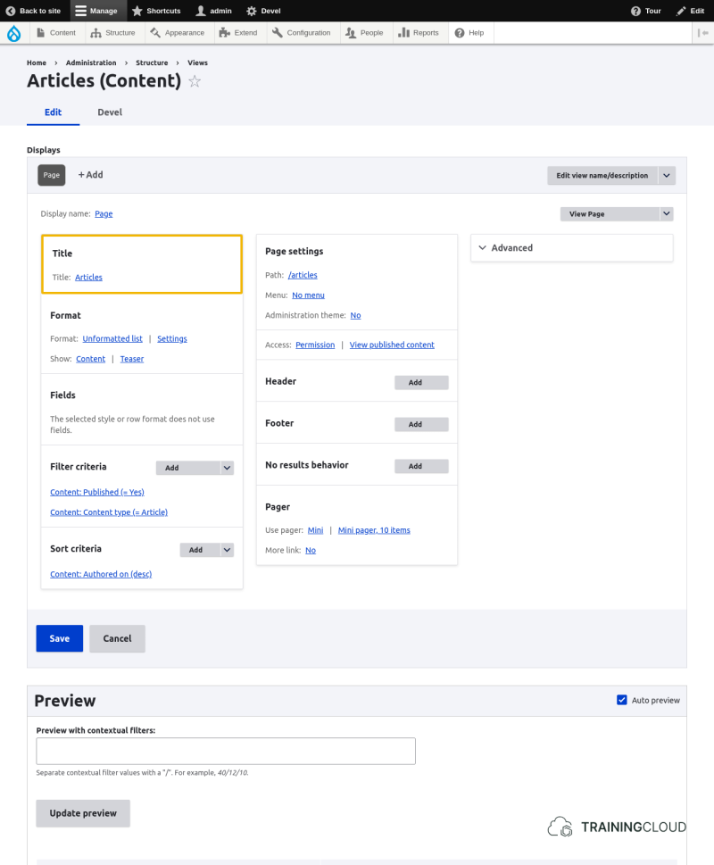 A screenshot of a Drupal 10 content view configuration screen with the title options highlighted