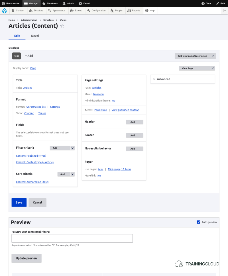 A screenshot of the Drupal 10 content view configuration page
