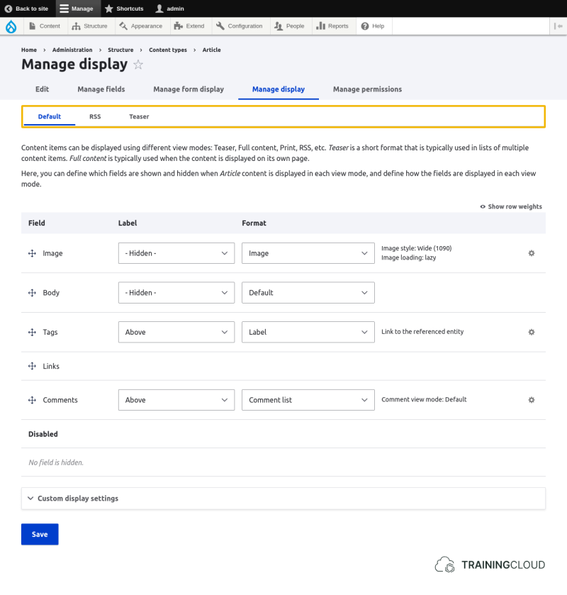 A screenshot of the Drupal 10 manage display page with the view mode tabs highlighted.