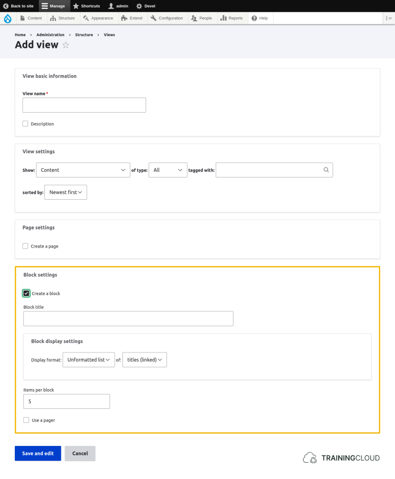 A screenshot of a Drupal 10 view creation page with the block settings highlighted.