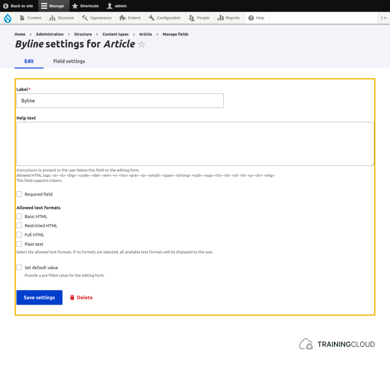 A screenshot of a Drupal 10 field edit screen with the options highlighted