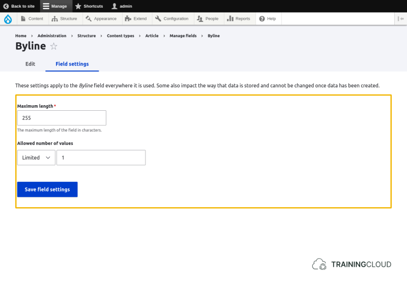 A screenshot of a Drupal 10 field settings page with the options highlighted