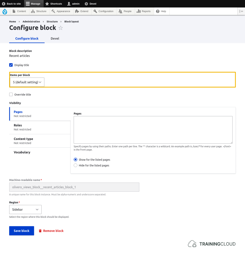 A screenshot of a Drupal 10 block configuration page with the "items per block" options highlighted.