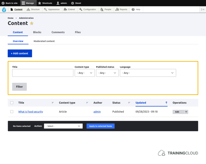 A screenshot of the Drupal 10 content dashboard with the filter options highlighted.