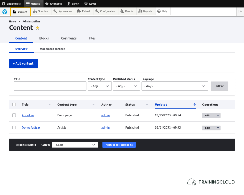 A screenshot of the Drupal 10 content management page with the content tab of the administration menu highlighted.