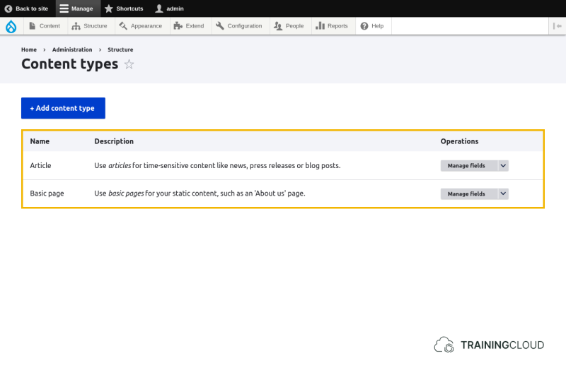 A screenshot of the Drupal 10 content type management page with the content types highlighted.