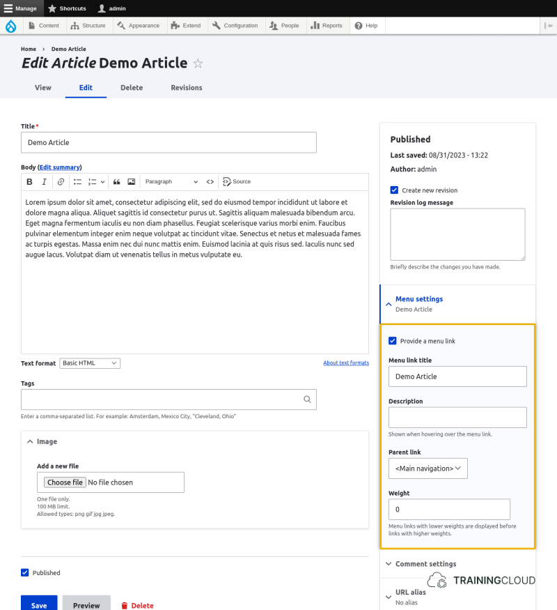 A screenshot of the Drupal 10 content editor page with the menu settings highlighted.