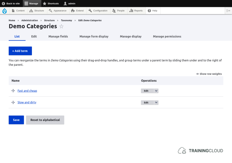 A screenshot of a Drupal 10 list of terms belonging to a taxonomy vocabulary