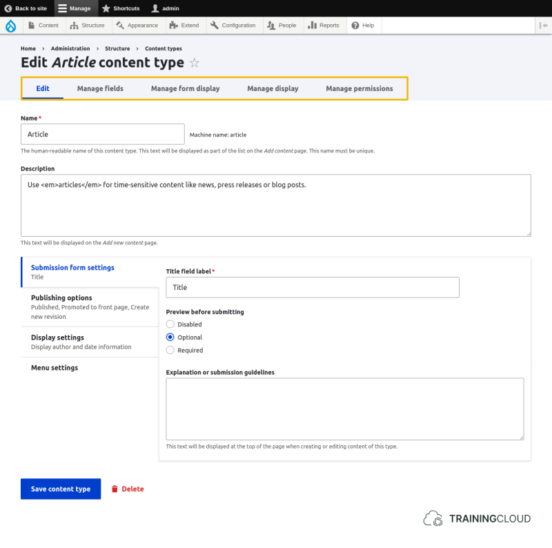 A screenshot of the Drupal 10 article content type edit screen, with the tabs highlighted.