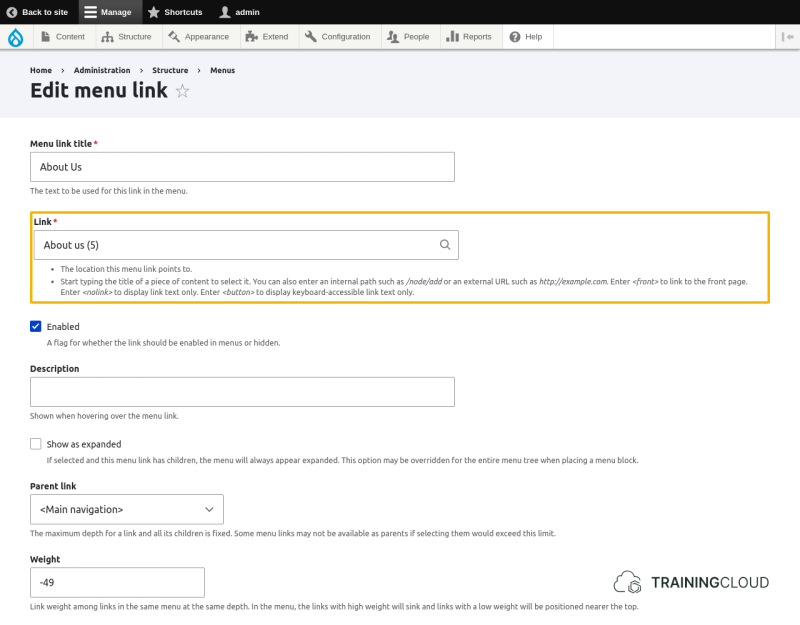 A screenshot of a Drupal 10 edit menu page with the "Link" options highlighted