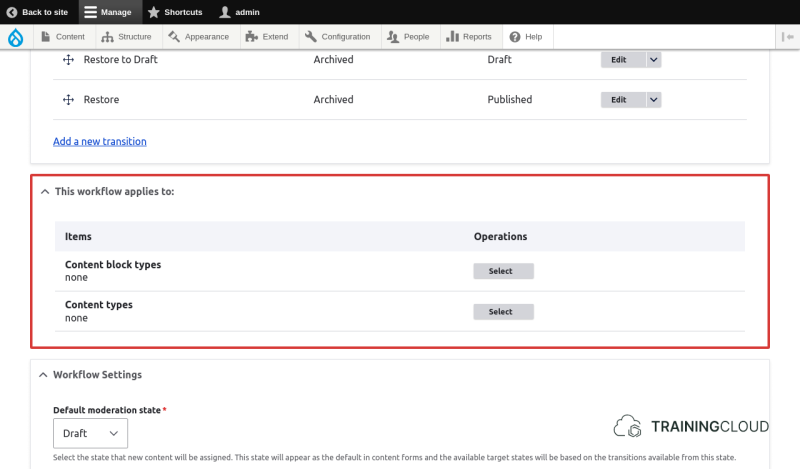 A screenshot of the Drupal 10 editorial workflows settings, with the entity selection options highlighted.