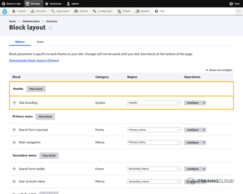 A screenshot of the Drupal 10 block layout page with the "header" region and "site branding" block highlighted