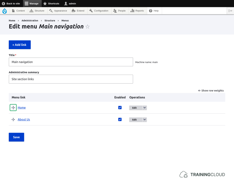 A screenshot of the Drupal 10 main navigation menu options with the 4 pointed arrow highlighted.