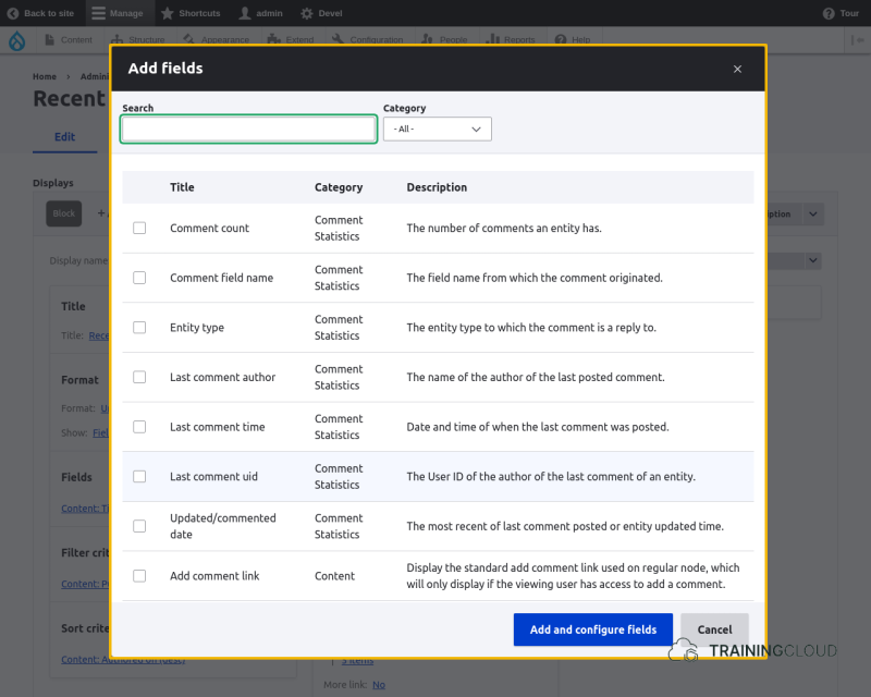 A screenshot of a Drupal 10 block view configuration page with the add new field modal open and highlighted.