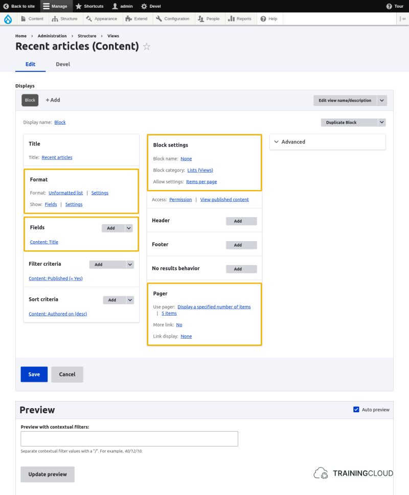 A screenshot of a Drupal 10 block view creation page with some options highlighted.