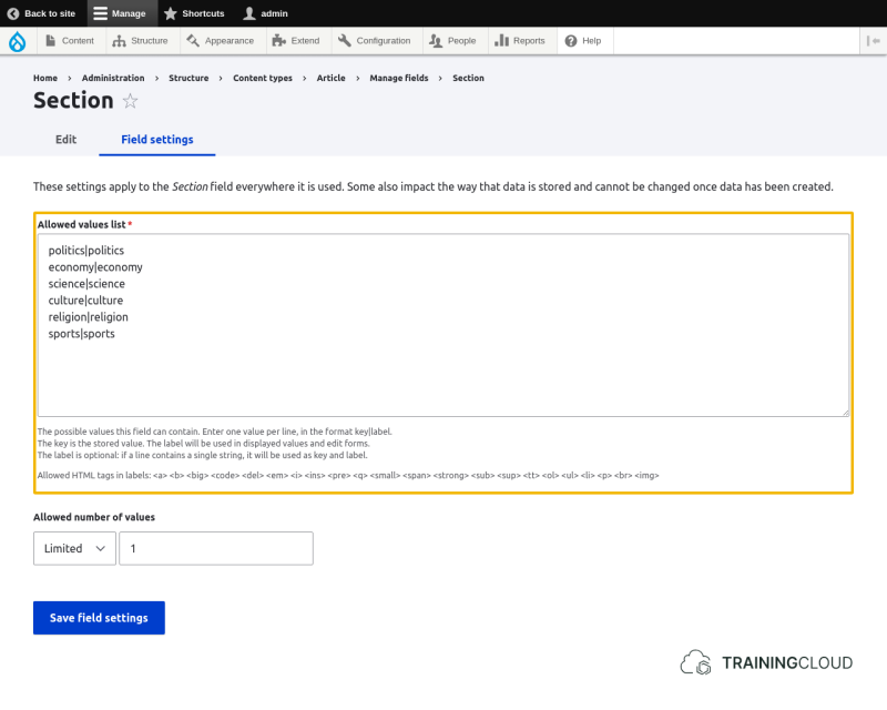 A screenshot of a Drupal 10 list field with the "Allowed values list" options highlighted