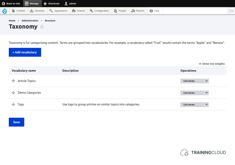 A screenshot of the Drupal 10 taxonomy selection page
