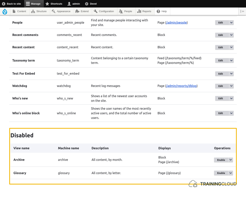 A screenshot of the Drupal 10 views management page with the disabled views highlighted.