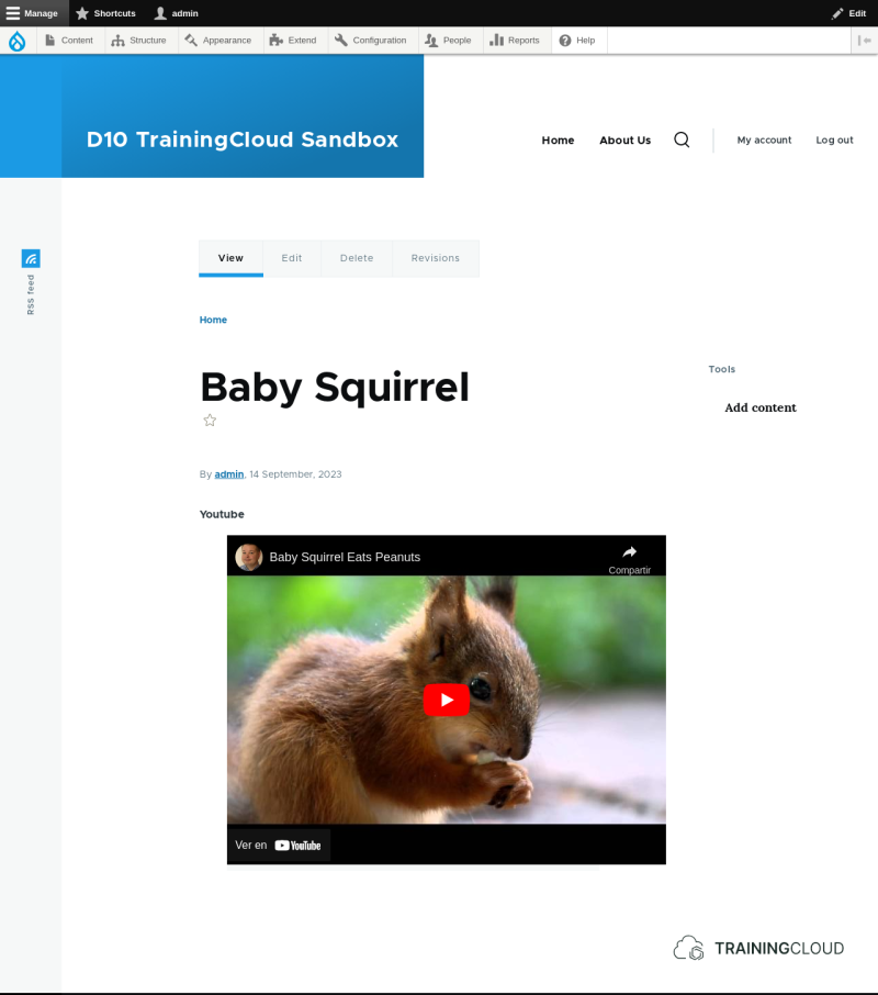 A screenshot of a Drupal 10 content page with the YouTube module enabled showing an embedded video of a squirrel.