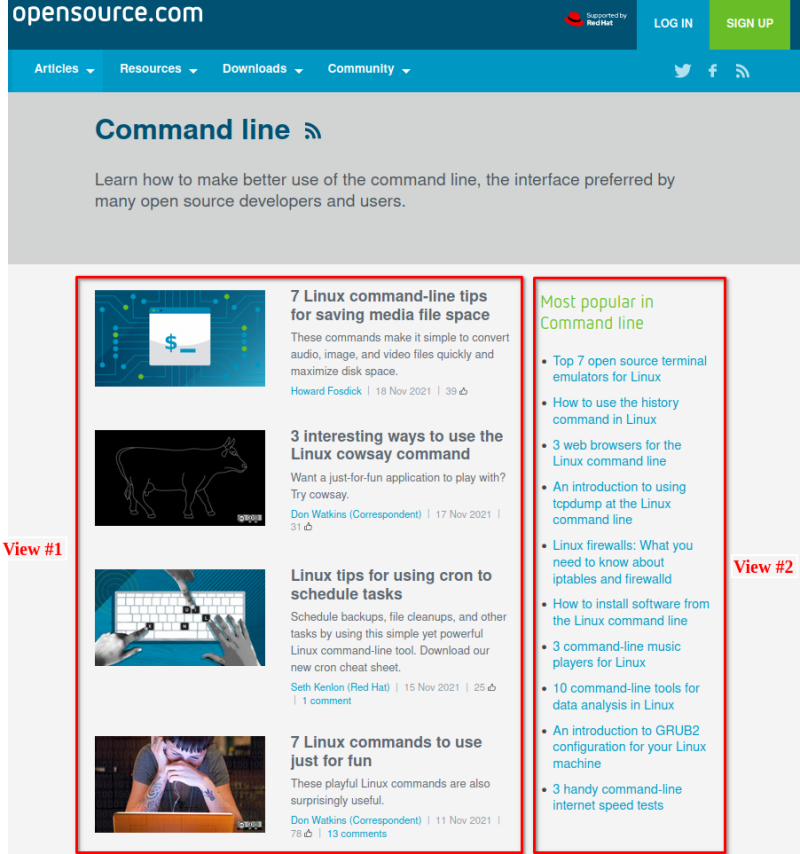 A screenshot of opensource.com with some block views highlighted.