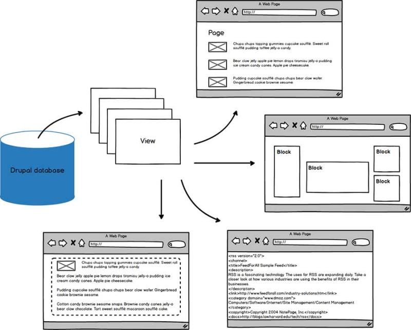 A diagram representing view queries in Drupal.