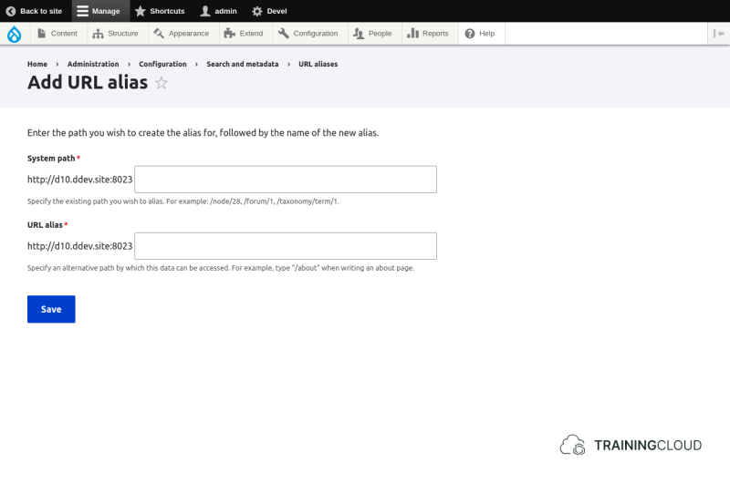 A screenshot of the Drupal 10 add new URL alias page.