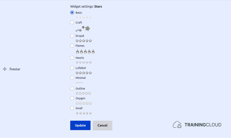 A screenshot of the "fivestar" module's widget settings.